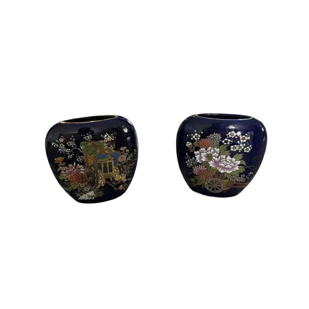 Vintage Kutani Cobalt Blue Vases (Set of Two) Enamel With Gold Accents - Picture 2 of 8
